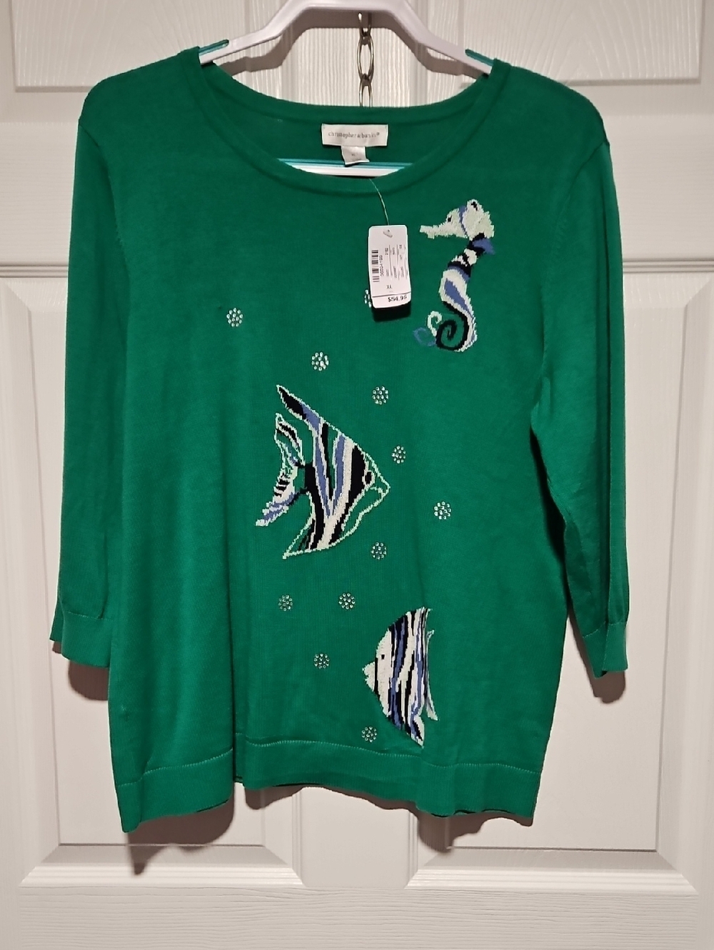 Christopher & Banks Green Knit Crewneck Sweater with Fish and Seahorse Motif